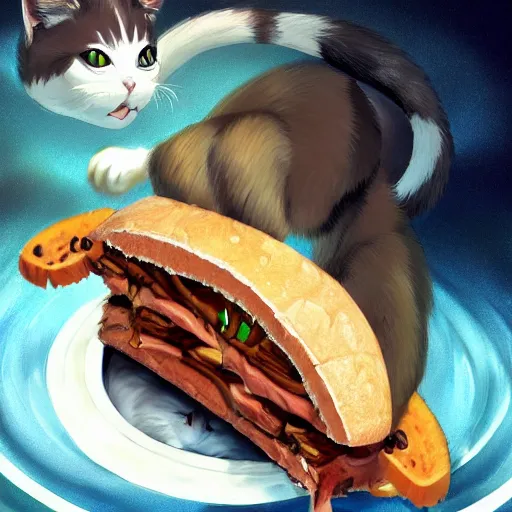 Image similar to terribly feared cat running away from the giant carnivorous sandwich, artstation hq, dark phantasy, stylized, symmetry, modeled lighting, detailed, expressive, true unsimulated emotions, created by hayao miyazaki