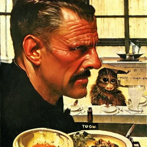 Image similar to leon kowalski replicant from blade runner is unhappy with the soup he has received in a restaurant and is considering making a complaint, painted by norman rockwell and tom lovell and frank schoonover