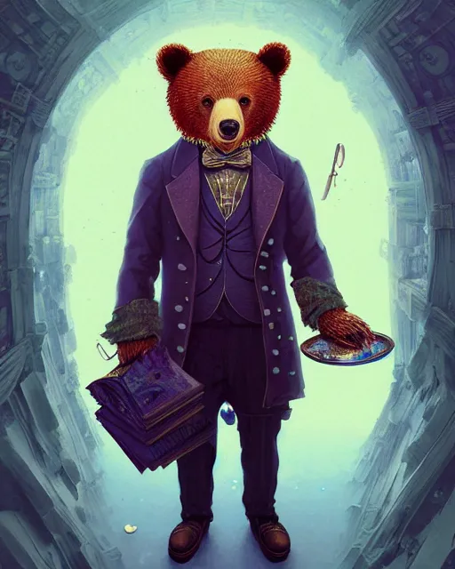 Prompt: anthropomorphic art of a detective bear in tardis, victorian inspired clothing by artgerm, victo ngai, ryohei hase, artstation. fractal papersand books. highly detailed digital painting, smooth, global illumination, fantasy art by greg rutkowsky, karl spitzweg