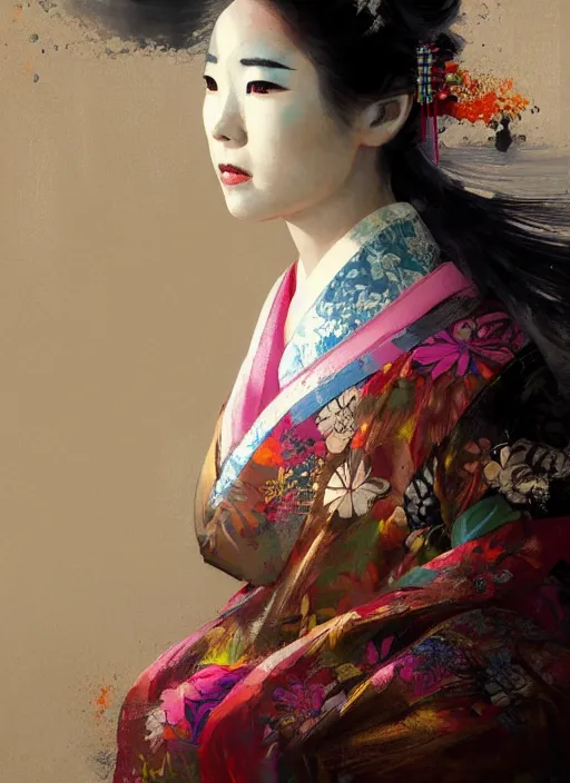 Image similar to female geisha girl, beautiful face, colourful, rule of thirds, intricate outfit, spotlight, by greg rutkowski, by jeremy mann, digital painting