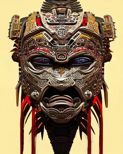 Image similar to portrait of a mayan masculine male cyberpunk jaguar warrior, machine face, upper half portrait, decorated with chinese opera motifs, muscular, latin, fine china, wuxia, traditional mayan art, intricate intense elegant, highly detailed symmetry headpiece digital painting artstation concept art smooth sharp focus illustration, art by moebius and frank miller diego rivera 8 k