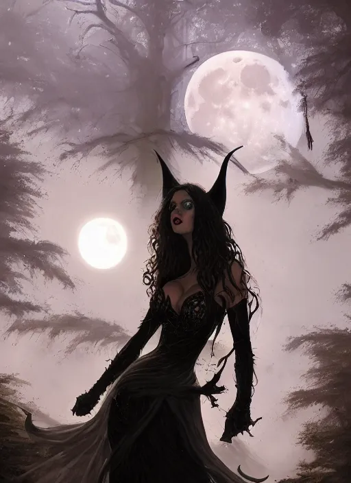 Prompt: portrait of an attractive witch in front of the full big moon in a fantasy forest, black leather bra, by james gurney, max liebermann, greg rutkowski, highly detailed digital art, artstation