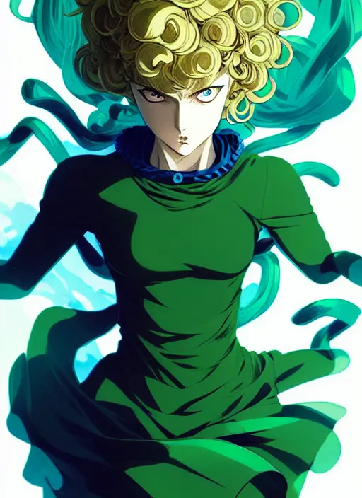 Image similar to style artgerm, joshua middleton, tatsumaki one punch man with green dress, very long blue hair, swirling water swirling, symmetrical face, symmetrical eyes, steampunk cyberpunk,, cinematic lighting