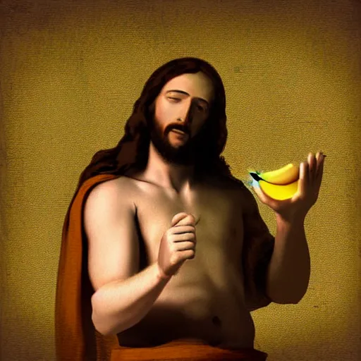 Image similar to jesus lifting a banana up into the air, digital art