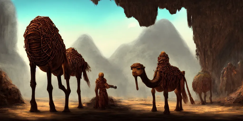 Image similar to bipedal humanoid dromedary as village merchants, temple city, caves of qud, matte oil painting, chrome, cathedral, retrofuturistic, concept art, science fantasy, mutant, rpg, epic, rust, salt, jungle, dungeons & dragons, sharp focus, award - winning, extremely detailed, 4 k, 8 k