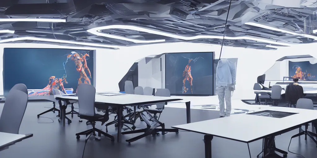 Image similar to stunning futuristic AI lab, projection screens, immersive graphics, holograms, dark room, people using HoloLens