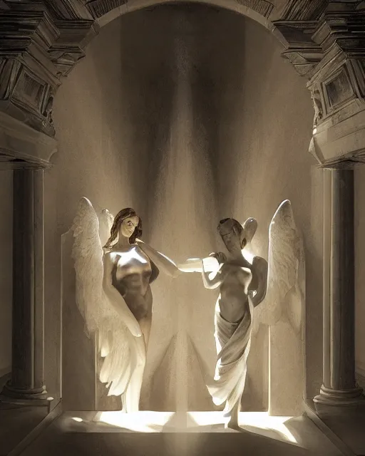 Prompt: inside a tomb, light coming in from the left, 2 angels with wings, 3 women in robes, fibonacci, by artgerm, caravaggio, craig mullins