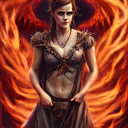 Prompt: emma watson as the goddess of hell, hot, hyper detailed, illustration, hyper realistic, blood, fire, dramatic lighting, cinematic, hell, full body portrait by steve henderson