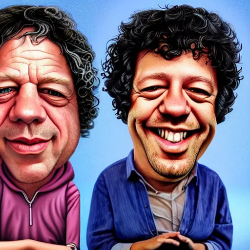 Image similar to Caricature portraits done of Gene Ween and Dean Ween, realistic, hyperrealistic, very realistic, highly detailed, very detailed, extremely detailed, detailed, oil painting, digital art, trending on artstation