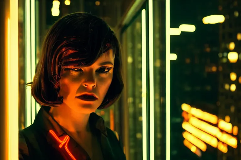 Image similar to cinematography closeup portrait of a cyborg business woman in a cyberpunk apartment, neon lighting, night, by Emmanuel Lubezki