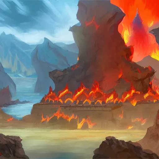 Image similar to concept art painting of a Fire Nation colony on the coast of the Earth Kingdom