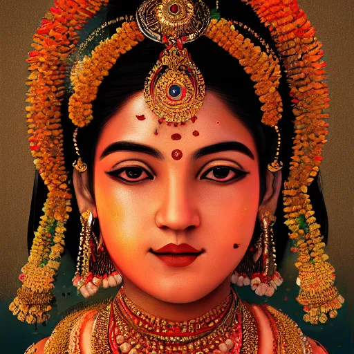 Prompt: a portrait of a kumari goddess, highly detailed, cinematic lighting, hyperrealistic, 4 k, digital art