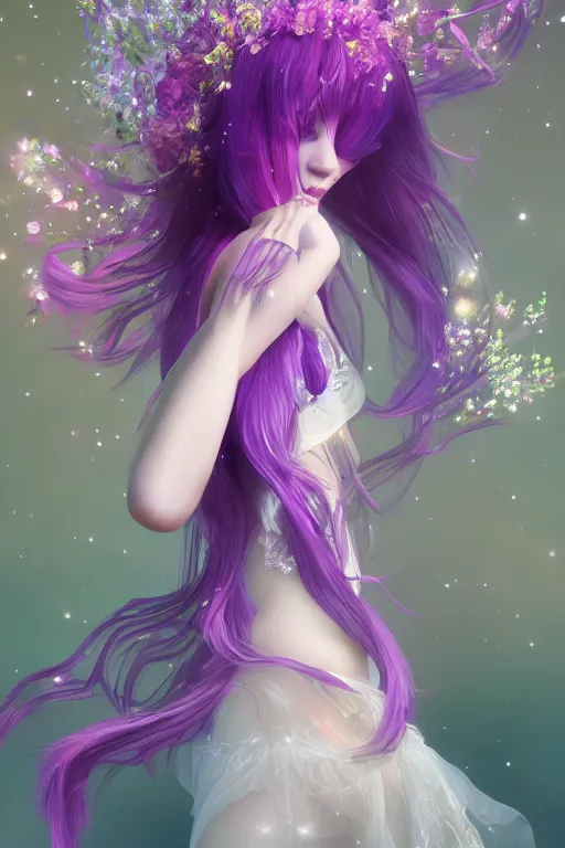 Image similar to 4k detailed portrait of a beautiful intimate woman with long purple cosmic hair and a beautiful celestial dress made of flowers, by viktoria gavrilenko. Anime, volumetric lighting, trending on artstation