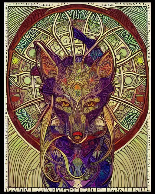 Image similar to fox carving art, cell shading, voronoi, fibonacci sequence, sacred geometry by Alphonse Mucha, Moebius, hiroshi yoshida, Art Nouveau, colorful, ultradetailed, 2 vivid colour, 3d