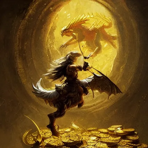 Image similar to a halfling ranger riding a golden dragon in an underground chamber, piles of gold coins scattered around the floor, fantasy painting by greg rutkowski