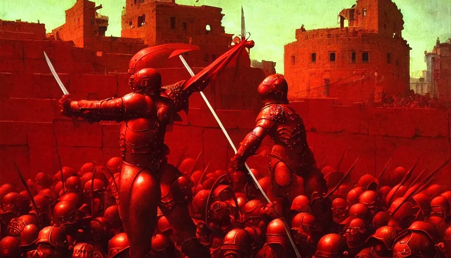 Image similar to only with red, a lightly armored gladiator in a crowded roman amphitheatre, crowd cheering, in the style of beksinski and edward hopper and rodcenko and yue minjun and artgerm, intricate and epic composition, red by caravaggio, highly detailed, masterpiece, red light, artstation, art nouveau