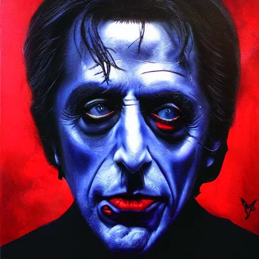 Prompt: al pacino's devilish version, red skin. black eyes. grunge, horror, dmt, dark and muted colors, detailed airbrush art, by yves klein