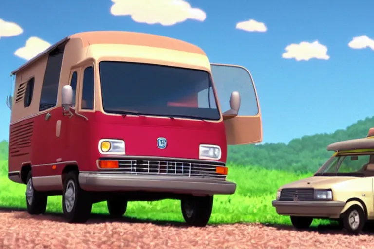 Image similar to a wholesome animation key shot of one!! focused 1 9 9 4 fiat hymer! motorhome! in the romanian! countryside, medium shot, studio ghibli, ( pixar ) and disney animation, sharp, very detailed, high resolution, rendered in unreal engine 5, anime key art by greg rutkowski, bloom, dramatic lighting