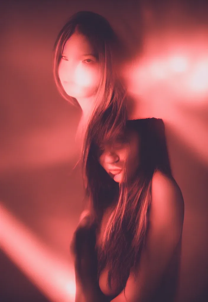 Image similar to photograph of a beautiful woman illuminated by red light , night , 85 mm f1.4