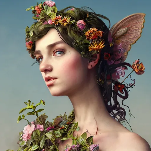 Image similar to baroque portrait of a steampunk bohemian nature nymph in a simple dress with floral decoration, cinematic lighting, photorealistic, octane render, 8 k, depth of field, 3 d, art by artgerm and greg rutkowski and alphonse mucha and uang guangjian