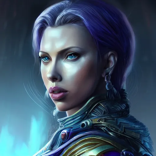 Prompt: Ultrarealistic illustration scarlet johansson as kleia from warcraft, ascended, angel, blue skin, portrait, beautiful, cyberpunk, sci-fi fantasy,intricate,elegant,highly detailed, digital painting, artstation, concept art,