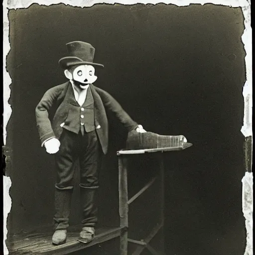 Image similar to ventriloquist figure laying on a stage, smiling, photograph, style of atget, unsettling, spooky, moody