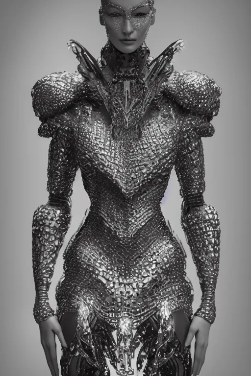 Image similar to a highly detailed medium shot 8 k render portrait of an alien goddess bella hadid in iris van herpen dress schiaparelli armor in diamonds and lots of jewelry in style of alphonse mucha trending on artstation made in unreal engine 4