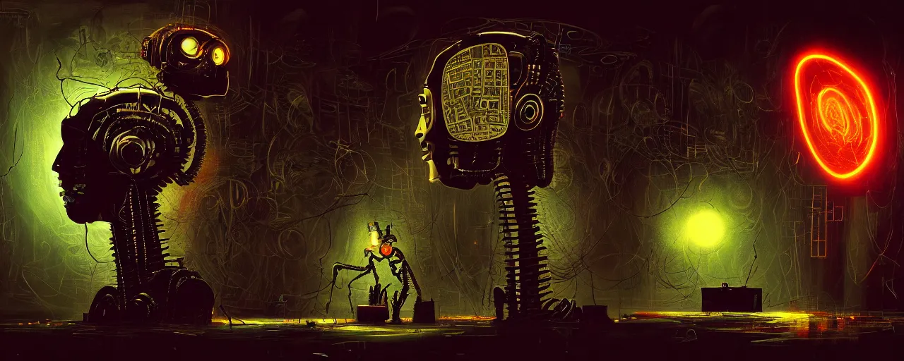 Prompt: dark scifi illustration 3 / 4 portrait of a robot reading necronomicon. cinematic lighting mad scientist style. golden ratio accidental renaissance. in the style of dave mckean and jean michel basquiat. graffiti art, trippy, scifi, fantasy, hyper detailed. octane render. concept art. trending on artstation