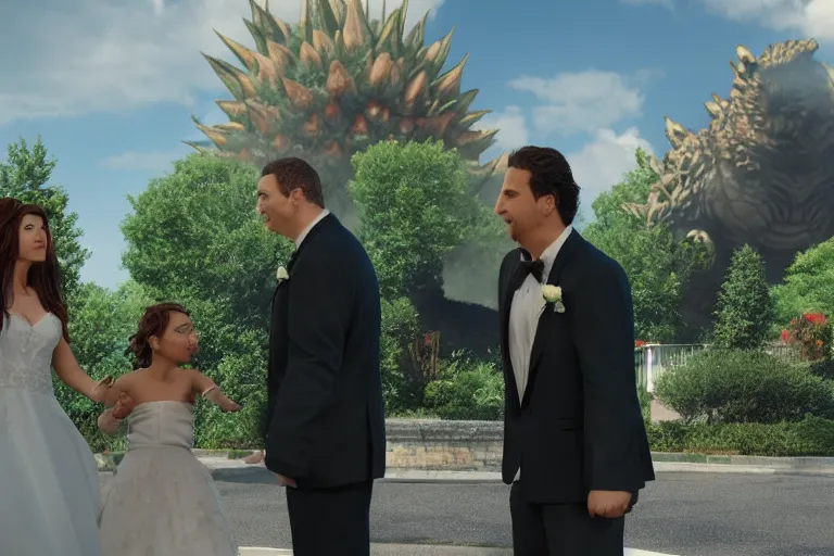 Prompt: a still from My Big Fat Greek wedding, wedding, wedding, with Fox McCloud and godzilla, octane render, nvidia raytracing demo, masterpiece