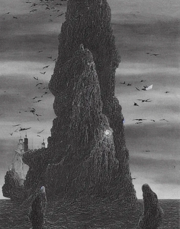 Prompt: worshippers in robes belonging to the cult of the lighthouse standing in waves with ravens flying overhead, a lighthouse, ravens, high detailed beksinski painting, part by adrian ghenie and gerhard richter. art by takato yamamoto. masterpiece, dark and moody, deep colours, blue