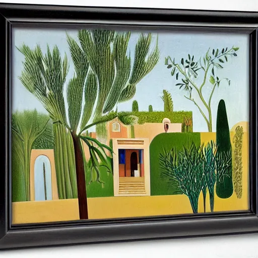 Prompt: A villa in the middle of the desert, fountain, olive trees, ornaments by Henri Rousseau