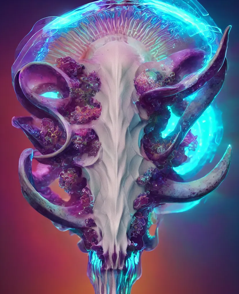 Image similar to goddess close-up portrait goat skull. jellyfish phoenix head, nautilus, orchid, skull, betta fish, bioluminiscent creatures, intricate artwork by Tooth Wu and wlop and beeple. octane render, trending on artstation, greg rutkowski very coherent symmetrical artwork. cinematic, hyper realism, high detail, octane render, 8k