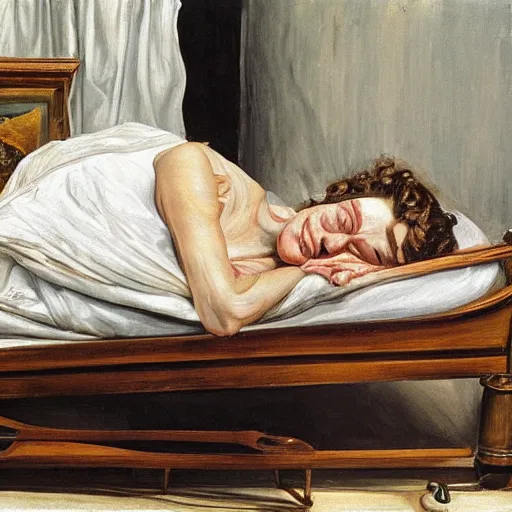 Prompt: lucian freud painting of ema stone on a victorian bed in a big old room, wide shot