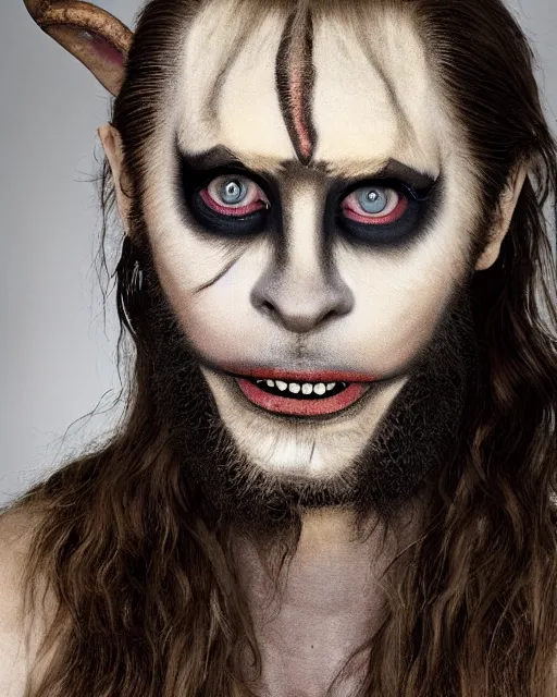 Prompt: Jared Leto in Elaborate Pan Satyr Goat Man Makeup and prosthetics designed by Rick Baker, Hyperreal, Head Shots Photographed in the Style of Annie Leibovitz, Studio Lighting