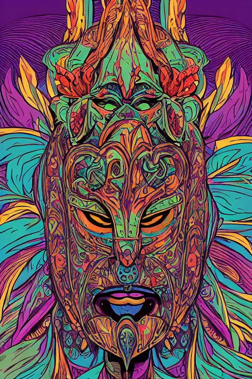 Image similar to animal mask totem roots flower tribal feather gemstone plant wood rock shaman vodoo video game vector cutout illustration vivid multicolor borderlands comics by josan gonzales and dan mumford radiating a glowing aura