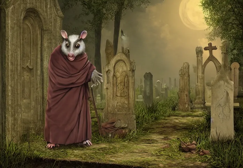 Prompt: big possum dressed like a monk at a scary medieval cemetery in the middle of the forest at night, highly detailed, photorealistic, isometric, digital art
