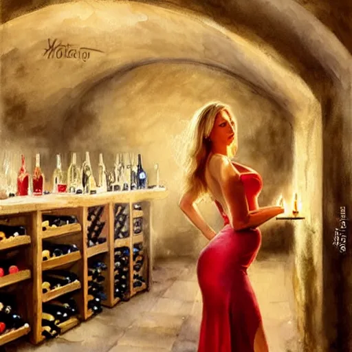 Image similar to hot blonde in tight dress in a wine cellar, food, pork, beer, schnapps, rustic, traditional, torches on the wall, watercolor by vladimir volegov, highly detailed, masterpiece