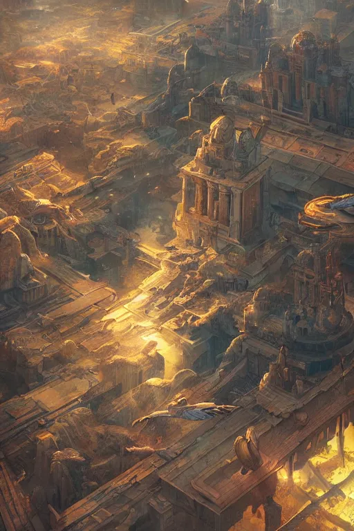 Image similar to birds eye view of atlantis, ancient city, mystical artifacts, flying crystal, art by guweiz, dramatic lighting, highly detailed, incredible quality, trending on artstation