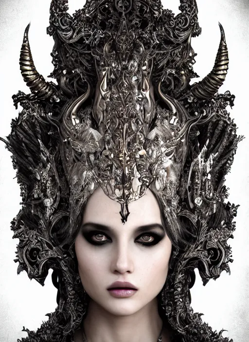 Prompt: a portrait of female by nekro borja, photorealistic, intricate details, hyper realistic, fantasy, elegant, baroque, horn, ram skull headpiece, photorealistic, photography, symmetrical features, symmetrical pose, wearable art, unreal engine,