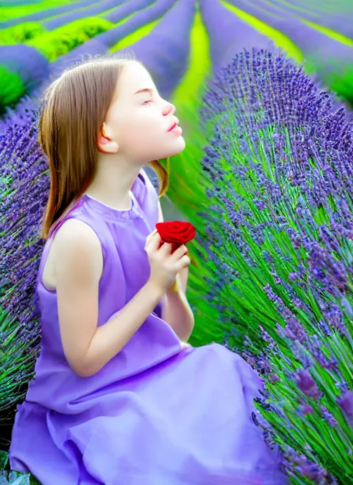 Prompt: girl eating a rose in a lavender field. by AquaSixio, hyperrealistic oil painting, 4k, very detailed faces