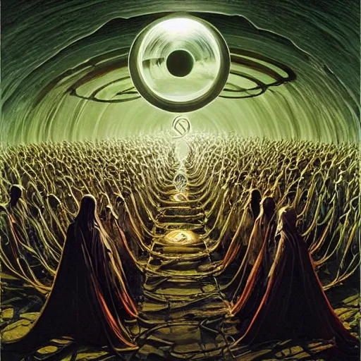 Prompt: a quantum computer surrounded by a dark cabal of hooded elven mystics gathered in a circular formation, michael whelan art