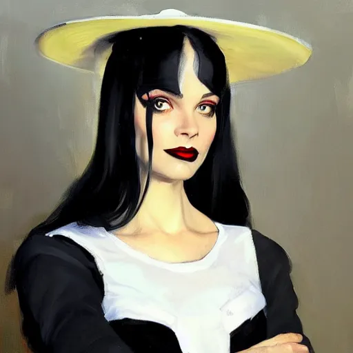 Image similar to greg manchess portrait painting of wednesday from addams family as overwatch character, medium shot, asymmetrical, profile picture, organic painting, sunny day, matte painting, bold shapes, hard edges, street art, trending on artstation, by huang guangjian and gil elvgren and greg rutkowski