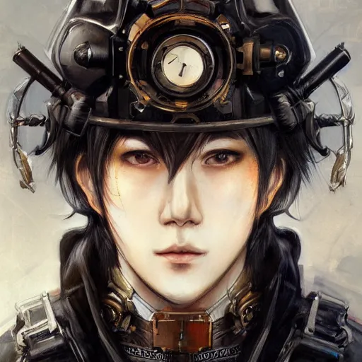 Image similar to portrait of a man by ayami kojima, japanese, he is about 2 0 years old, black short hair with bangs, he is wearing a steampunk tactical gear, highly detailed portrait, digital painting, artstation, concept art, smooth, sharp foccus ilustration, artstation hq