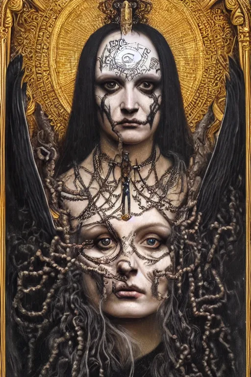 Image similar to hyper realistic painting portrait of the black metal queen, occult diagram, elaborate details, detailed face, intrincate ornaments, gold decoration, occult art, oil painting, art noveau, in the style of roberto ferri, gustav moreau, jean delville, bussiere, andrew gonzalez