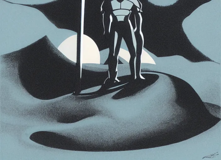 Prompt: isometric angle of moon knight standing in a crater on the moon, by ralph mcquarrie, by eyvind earle, by guillermo del toro