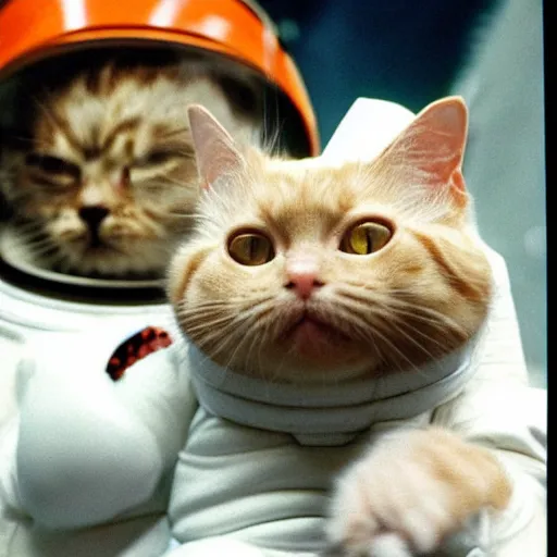 Prompt: 1 9 8 0's color photo of angry ginger cat in spacesuit giving public speech