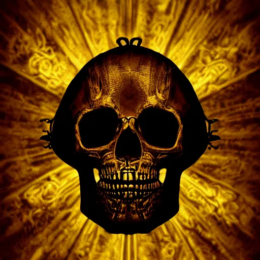 Image similar to a dark ominous chiaroscuro baroque still life photo of a single ray of light shining on a floating golden skull completely engraved in ancient runic inscriptions, messages, prophecies, spells by billelis. ominous darkness background. weirdcore