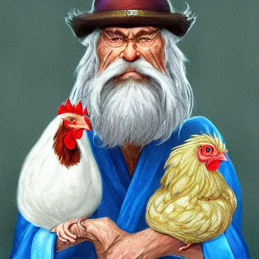 Image similar to character concept art of a kind old wizard with a long white beard looking a confused, holding a pet chicken perched top of his hat, wearing a blue robe, blue eyes, realistic, detailed, trending on ArtStation, by John Howe