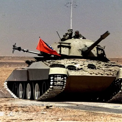 Image similar to A 200 foot tall George H.W. Bush destroys Iraqi tanks, historical photo