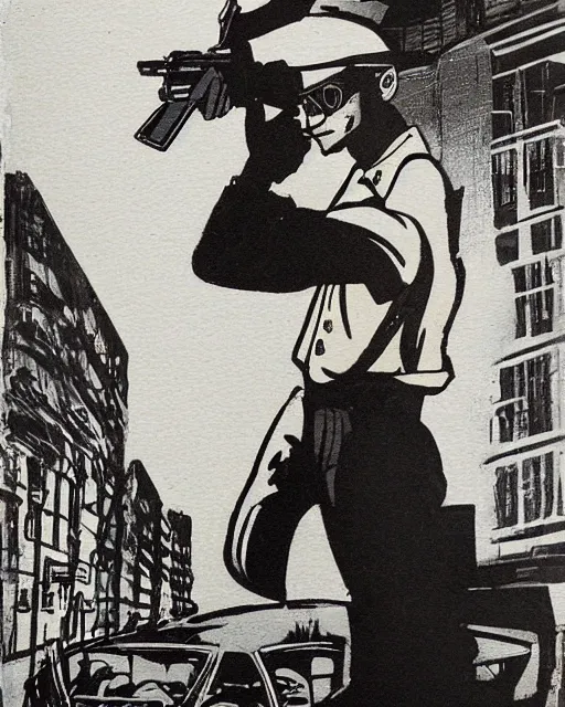 Image similar to detective pointing gun at camera, city street, artwork by ralph bakshi